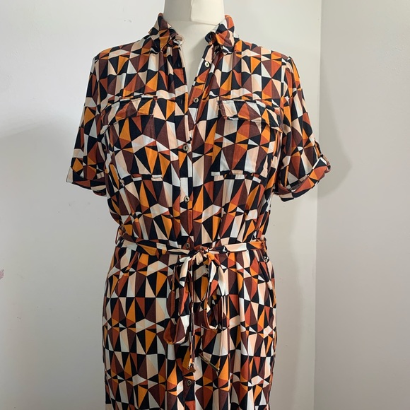 Dorothy Perkins Shirt Dress Orange Black Geometric Print Belted Rolled Sleeve 12 - Picture 3 of 13
